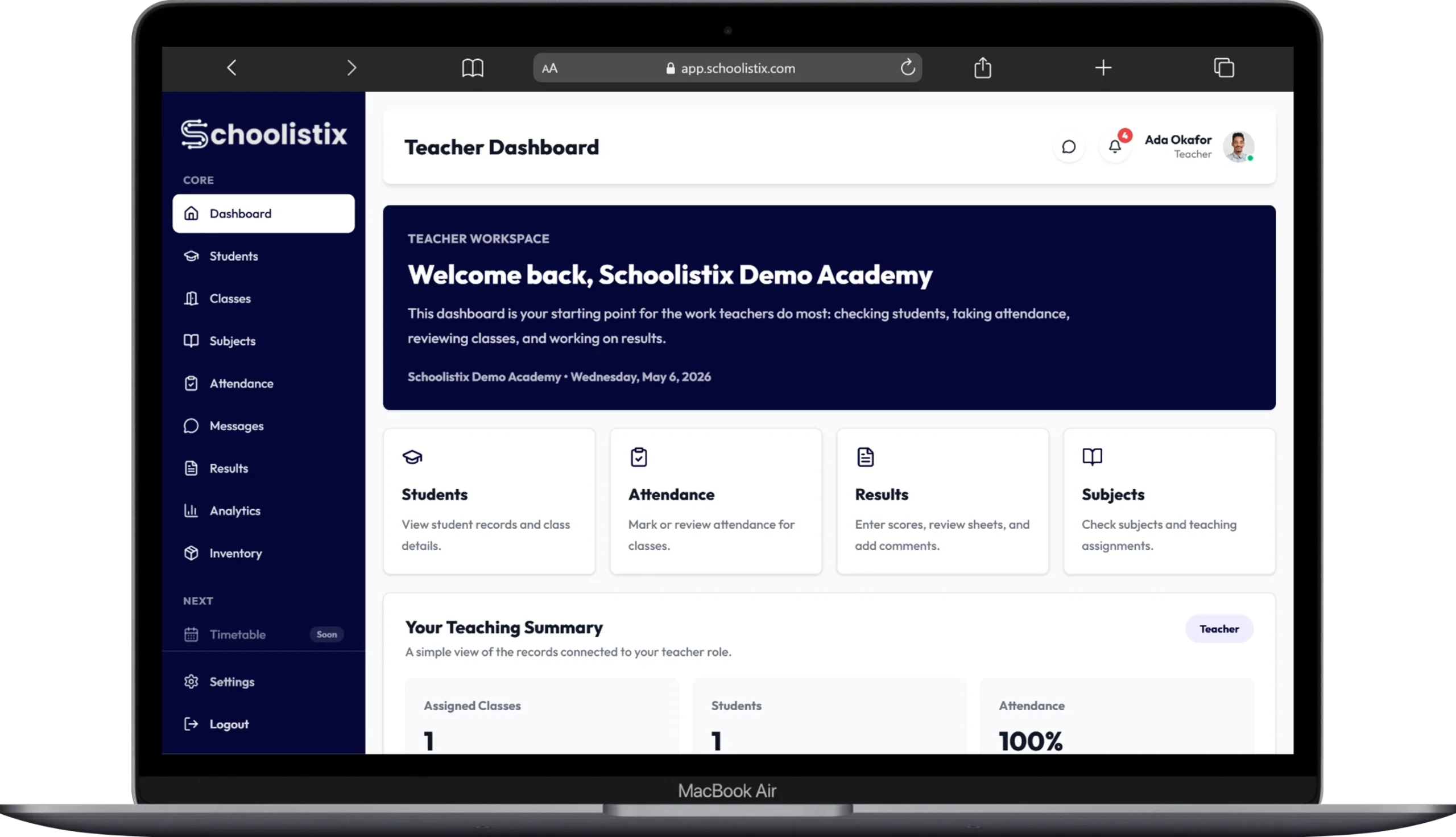 Teacher dashboard login